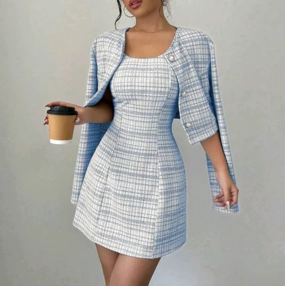 Women's Plaid Print Button Front Long Sleeve Jacket & Round Neck 2 peice set - Picture 1 of 4